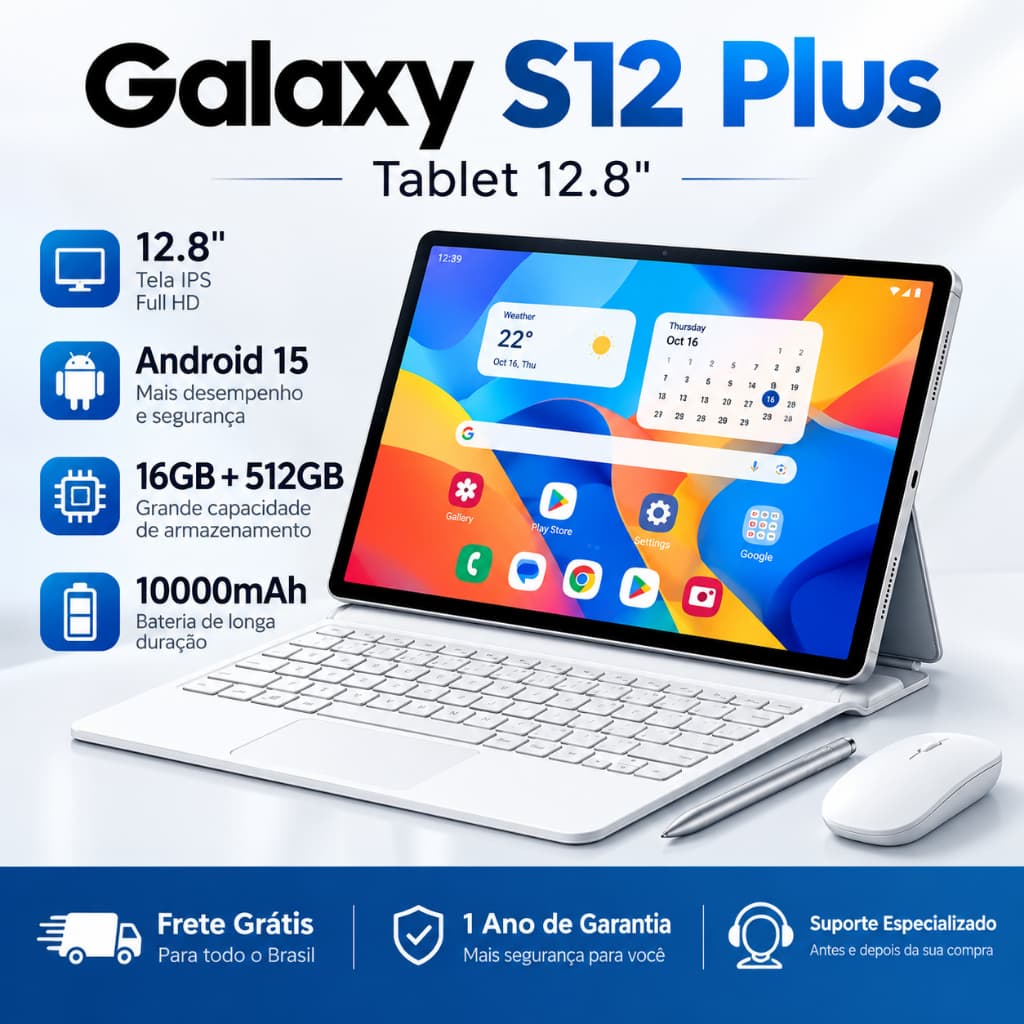 Tablet Galaxy S12 Plus 12.8" IPS Full HD Android 15 16G 512G Bateria 10000mAh com Teclado Mouse