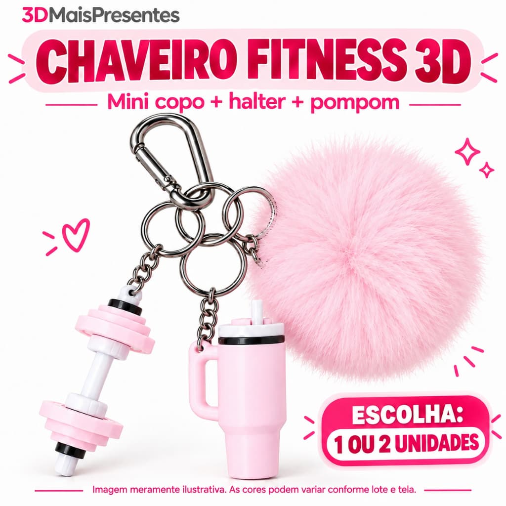 Kit 2 Chaveiros Academia Feminino Fitness 3D Rosa com Mini Copo, Halter e Pompom para Bolsa e Mochila