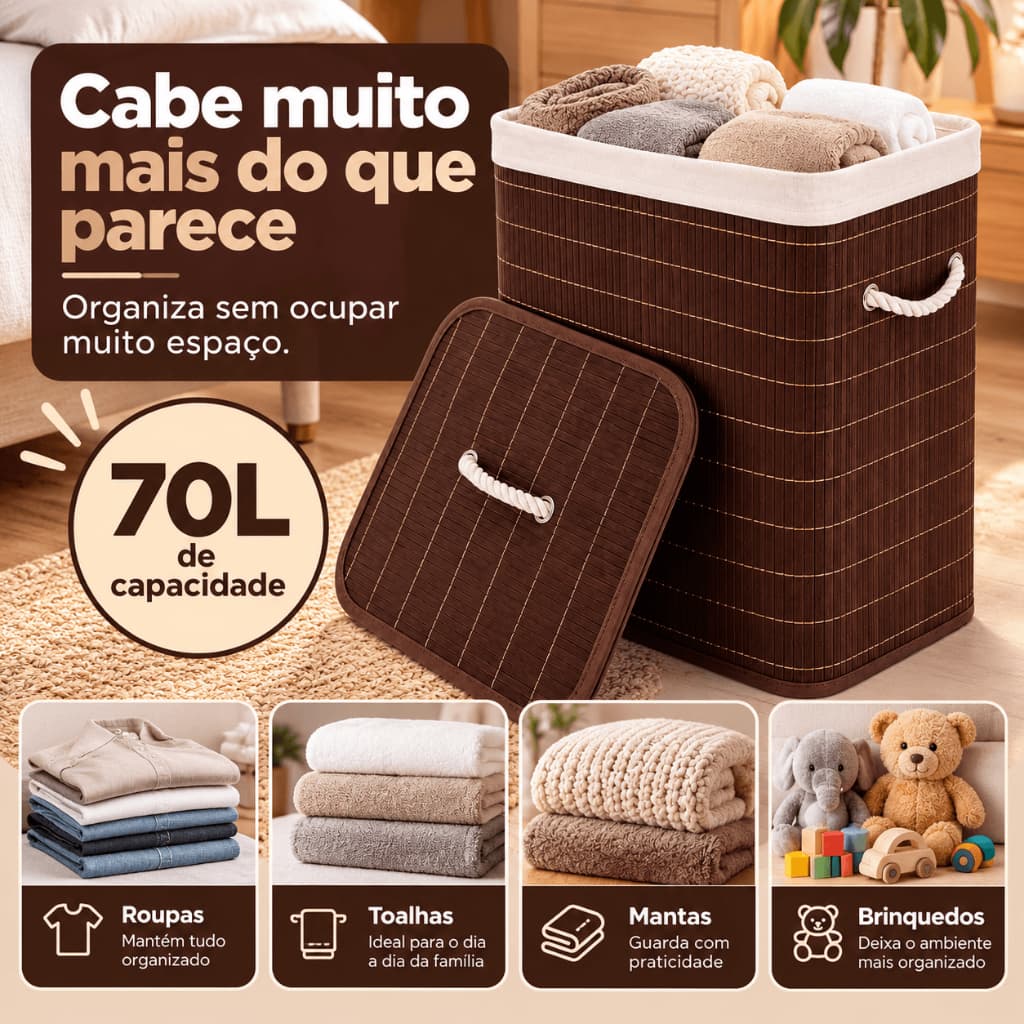 Cesto Roupas Bambu 70 Litros Marrom Tampa Alças Organizador Objetos Lavanderia Quarto Banheiro