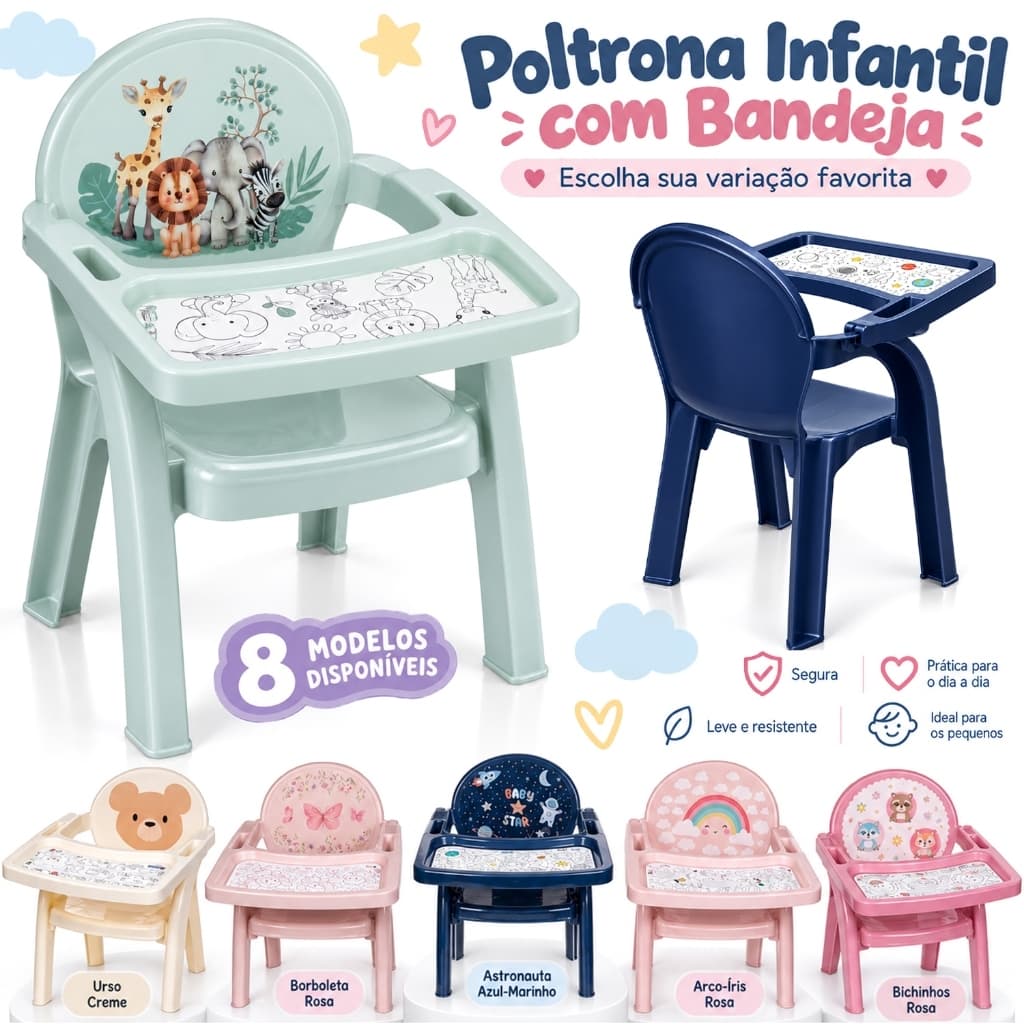 Cadeira Alimentação Bebê Plasutil Portátil Com Bandeja Colorir Modelos Estampados Bichinhos Astronauta Arco Íris