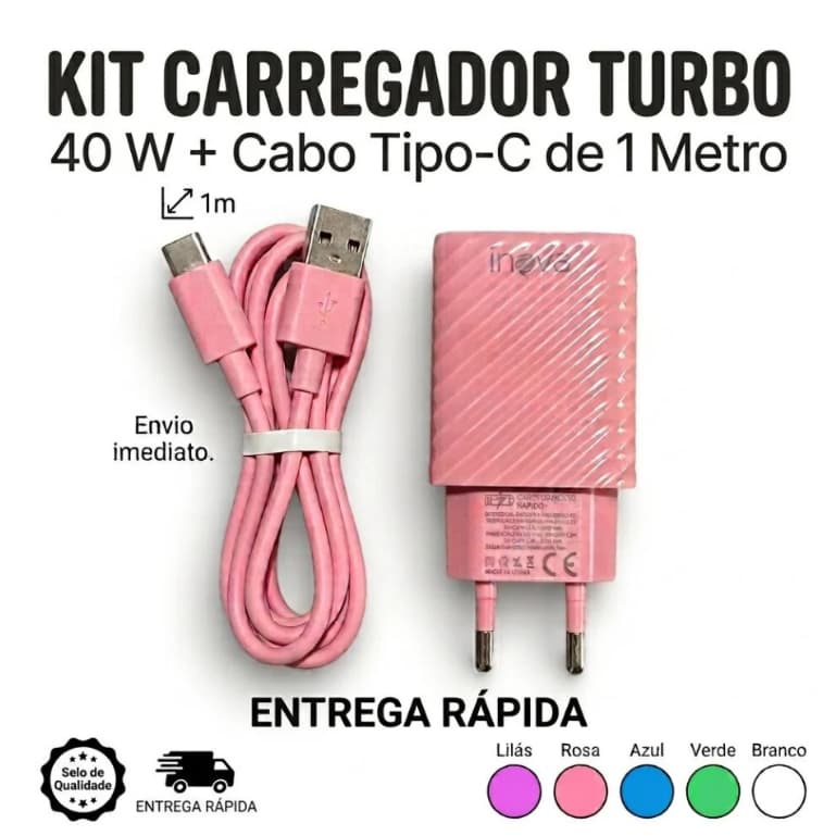 Kit Carregador Turbo INOVA 40W + Cabo USB-C Carga Rápida Fonte USB-A e Tipo-C para Celulares Compatíveis