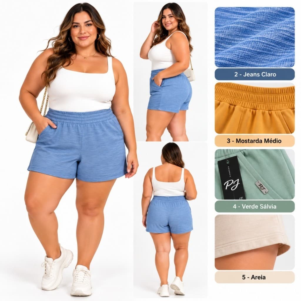 Shosts Feminino Plus Size  Malha moletinho Cintura Alta Cós Largo Academia Praia Casual