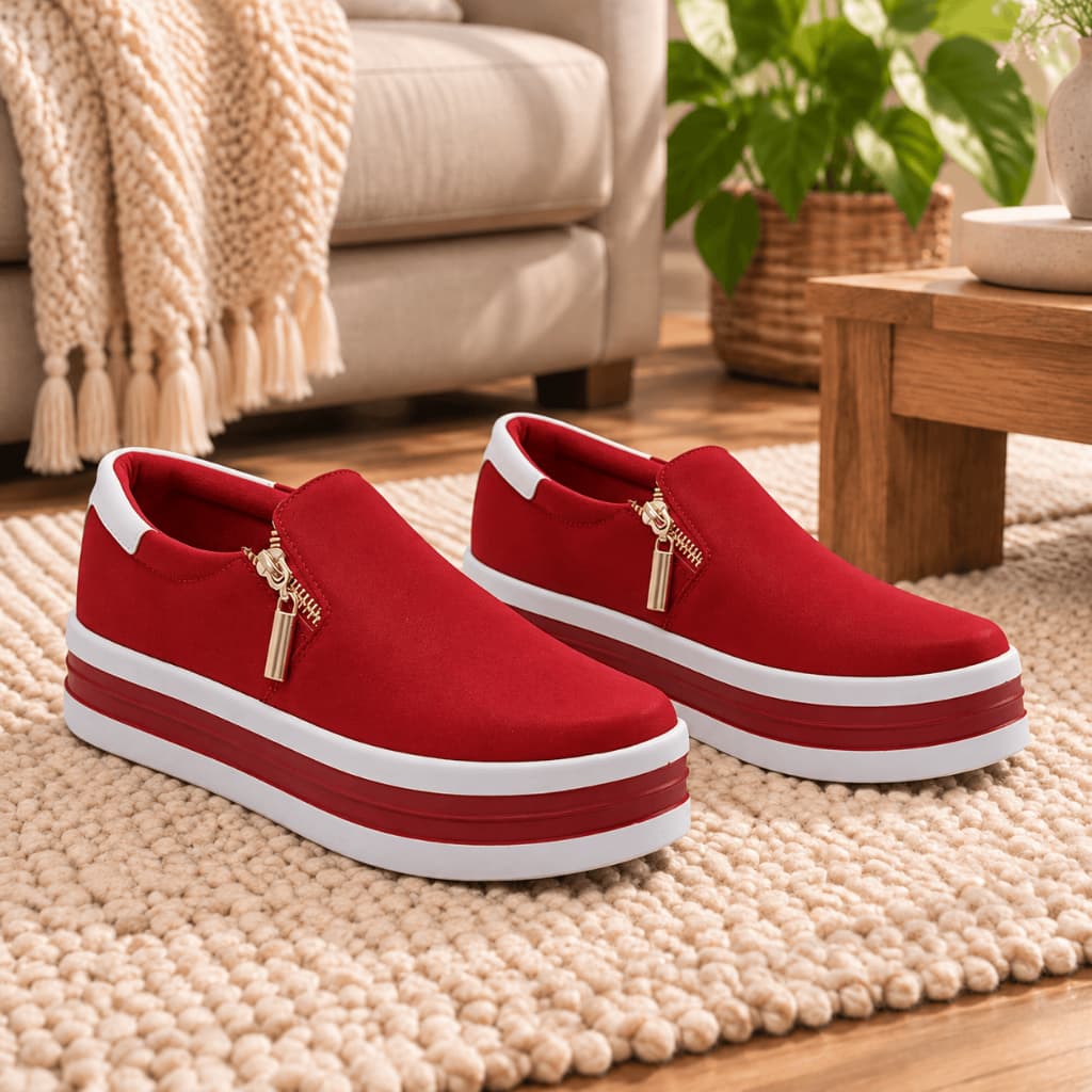 Tênis Slip On Feminino com Zíper e Solado de Borracha Confortável Plataforma 5 cm para Uso Diário