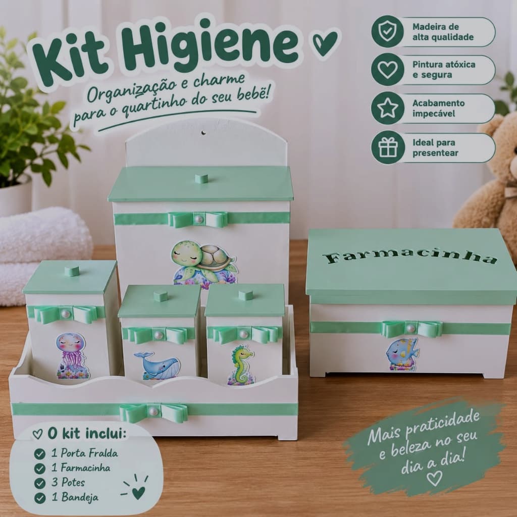 Kit Higiene Bebê  Fundo Do Mar Verde 6 Peças Enxoval Maternidade Quarto De Bebê Cesta Potes Porta Fralda