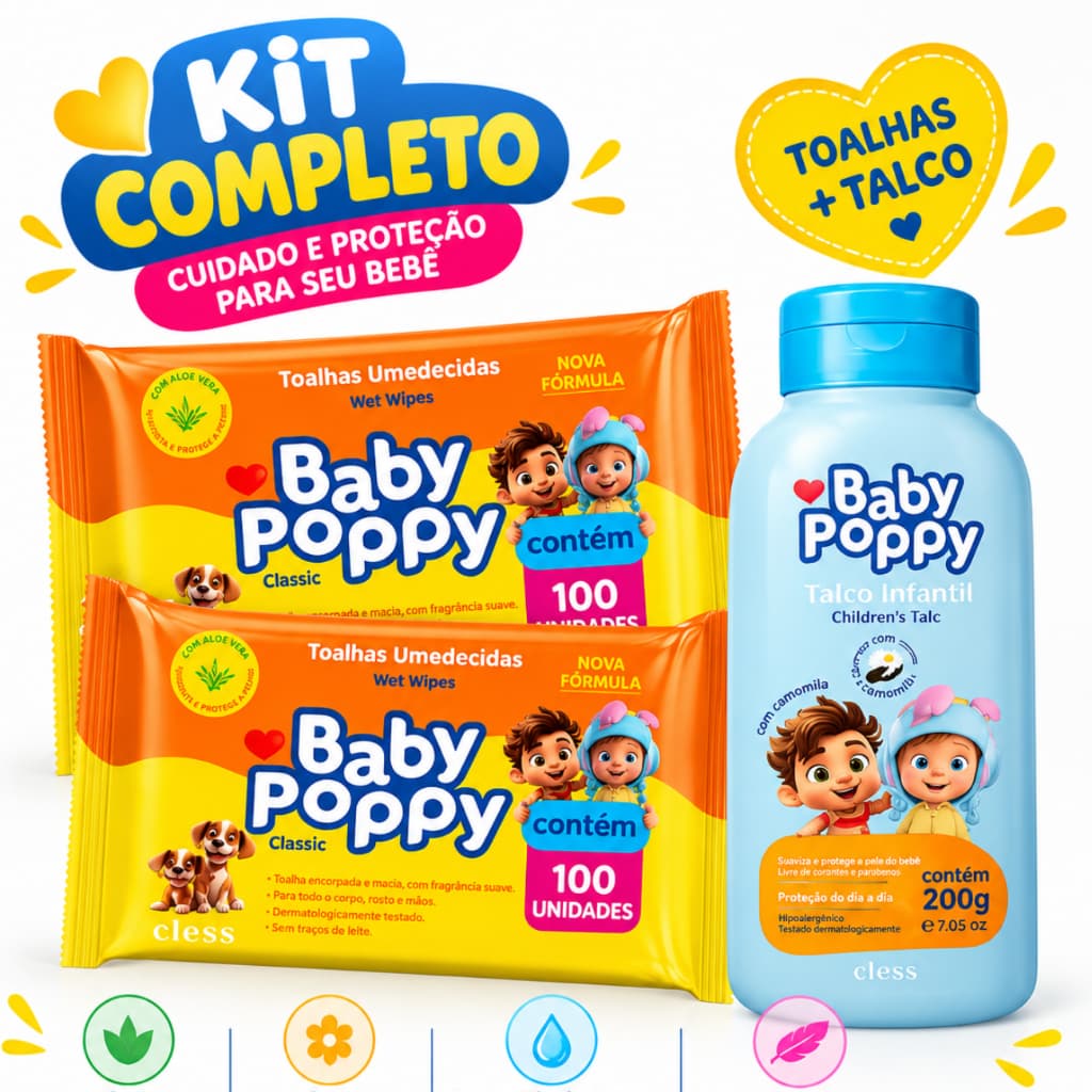KIT BABY POPPY COMPLETO – 200 TOALHAS UMEDECIDAS + TALCO INFANTIL 200 g