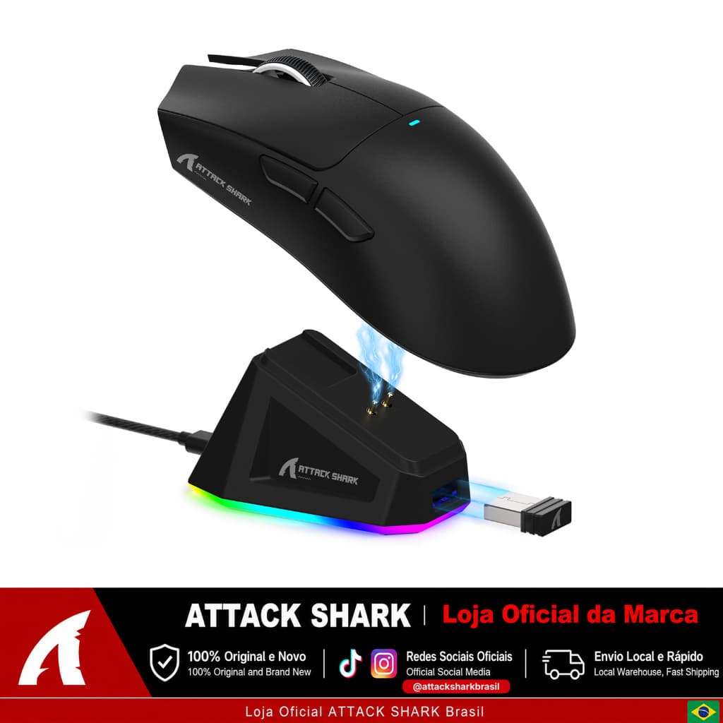 ATTACK SHARK X11 Mouse Gamer Sem Fio 63g PAW3311 22K DPI com Dock Magnético RGB Tri-Mode com Grip Tape Grátis