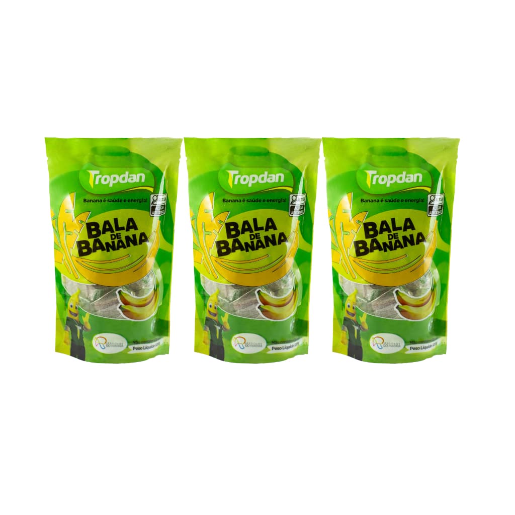 Kit 3 unidades Bala Banana Com Açúcar Cristal Vegano Saudavel 150g Tropdan