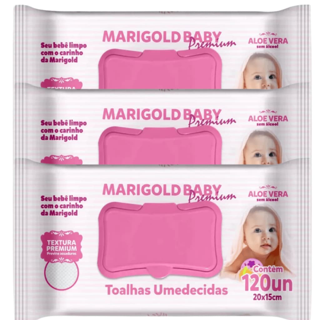 Kit 3 pacotes Lenço Umedecido Marigold Baby 120 Unidades Aloe Vera Rosa – Toalha Umedecida Infantil