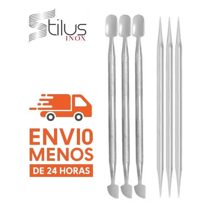 Kit Completo Manicure  3 Espátula Dupla Mista Unha + 3 Palito Bastão Ponta Dupla Inox