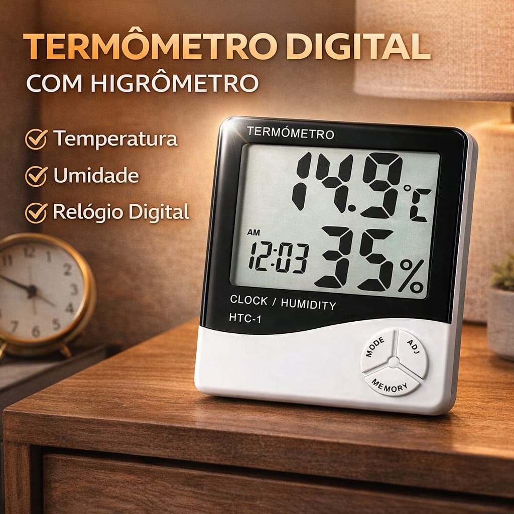 LCD Digital Medidor Temperatura Umidade Termo higrômetro Digital Relógio Umidade  Temperatura