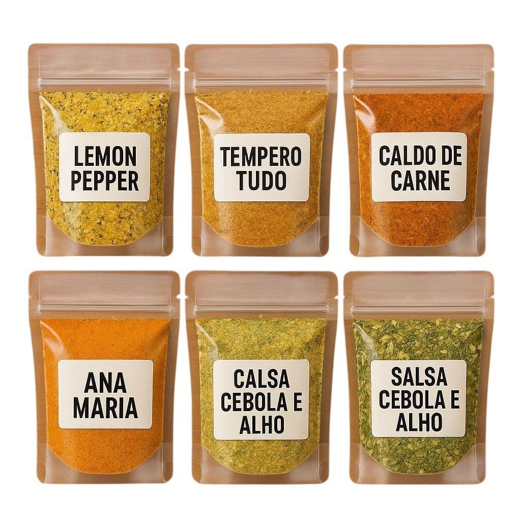 Kit 10 Temperos Naturais 50g Cada Alho Frito Páprica Lemon Pepper Chimichurri Tempero Baiano
