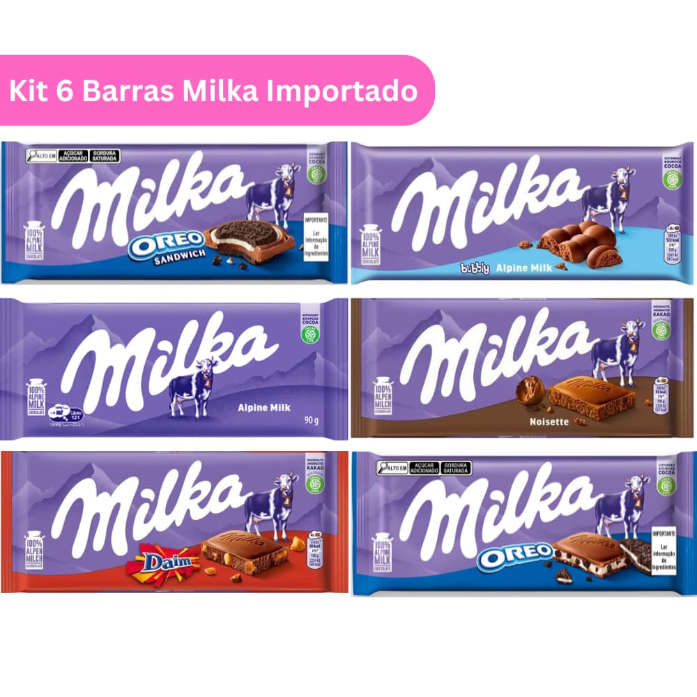 Kit 6 Barras Chocolate Milka 100g Importado (Bubbly, Noisette, Daim, Oreo, Oreo Sandwich e Alpine Milk)