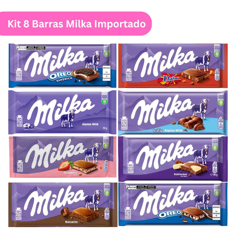 Kit 8 Barras Chocolates Milka Importado (Bubbly, Alpine, Noisette, Oreo, Daim, Happy Cows, Oreo Sandwich, Strawberry)