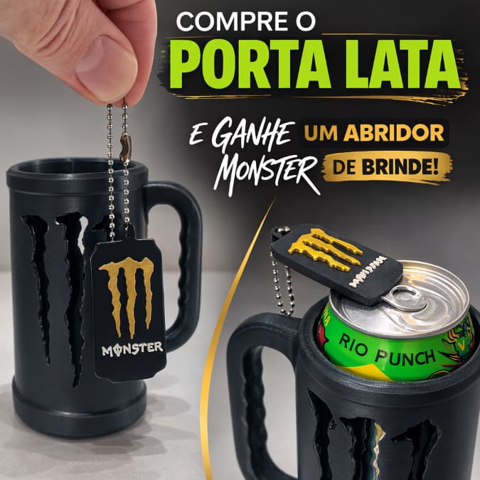 Porta Lata Monster 3D Com Alça + BRINDE Abridor Monster Chaveiro - Lata Cerveja Energético 473ml