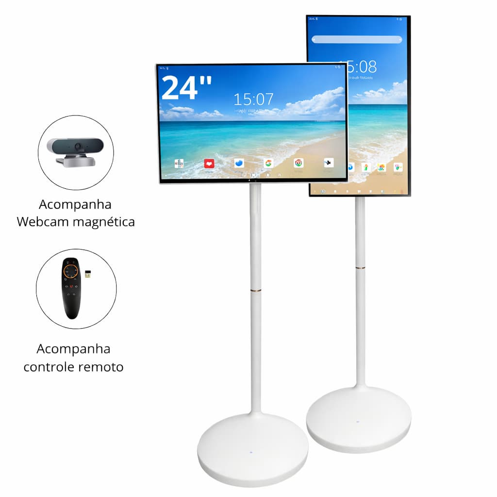 Monitor Touch 24" Tela Interativa Android Full HD WiFi Webcam Pedestal Ajustável 10 Toques Controle