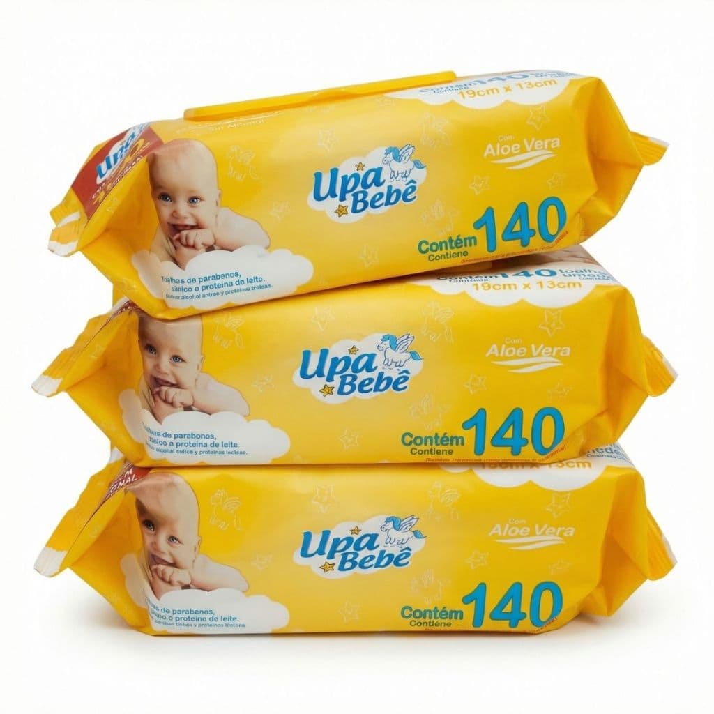 Kit com 420 Lencinhos Upa Bebê Lenços Umedecidos Sem Alcool c/140 Un Higiene Bebê com Aloê Vera