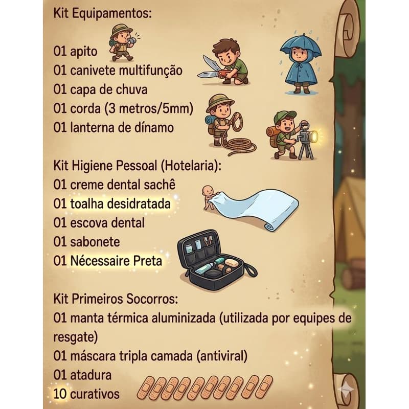 Nécessaire com kit de equipamentos e Primeiros Socorros para mochila de Emergência