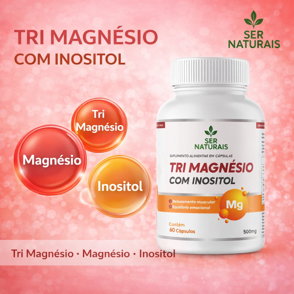 TRI-MAGNÉSIO COM INOSITOL 60 CÁPSULAS Magnésio Dimalato, Magnésio Quelato, Taurato de Magnésio, Vitamina B6, Inositol