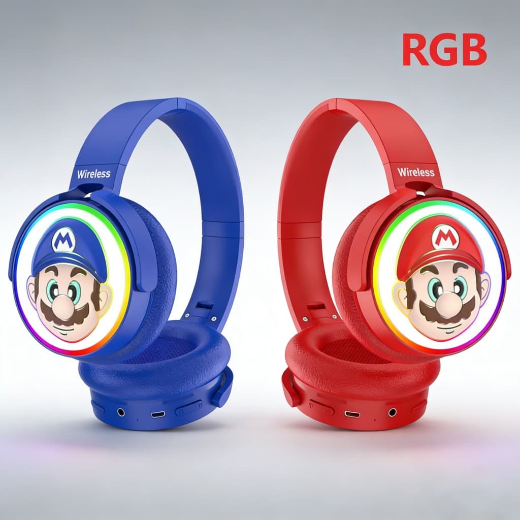 Fone de ouvido Bluetooth estéreo sem fio Super Mario com RGB