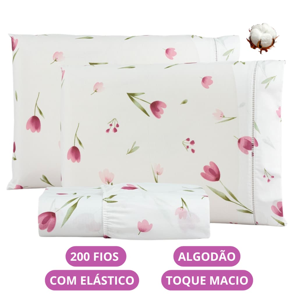 Jogo de Lençol Flores Algodão 200 Fios Solteiro Casal Queen King Toque Macio C/ Elástico