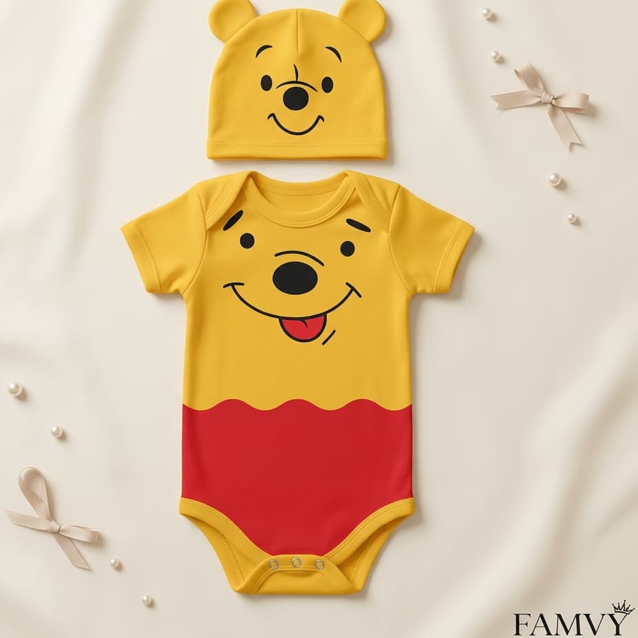 Body Bebê Ursinho Pooh Mesversário Fantasia Bebê Menino Menina + Touca ou Laço Roupa Bebê  Bory