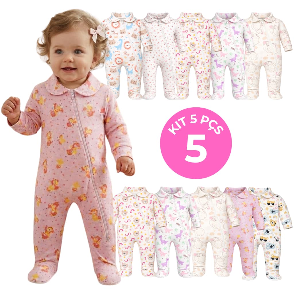 Kit 5 Macacão Longo Bebê Menina Ribana Estampada Algodão com Zíper Menino Enxoval Maternidade