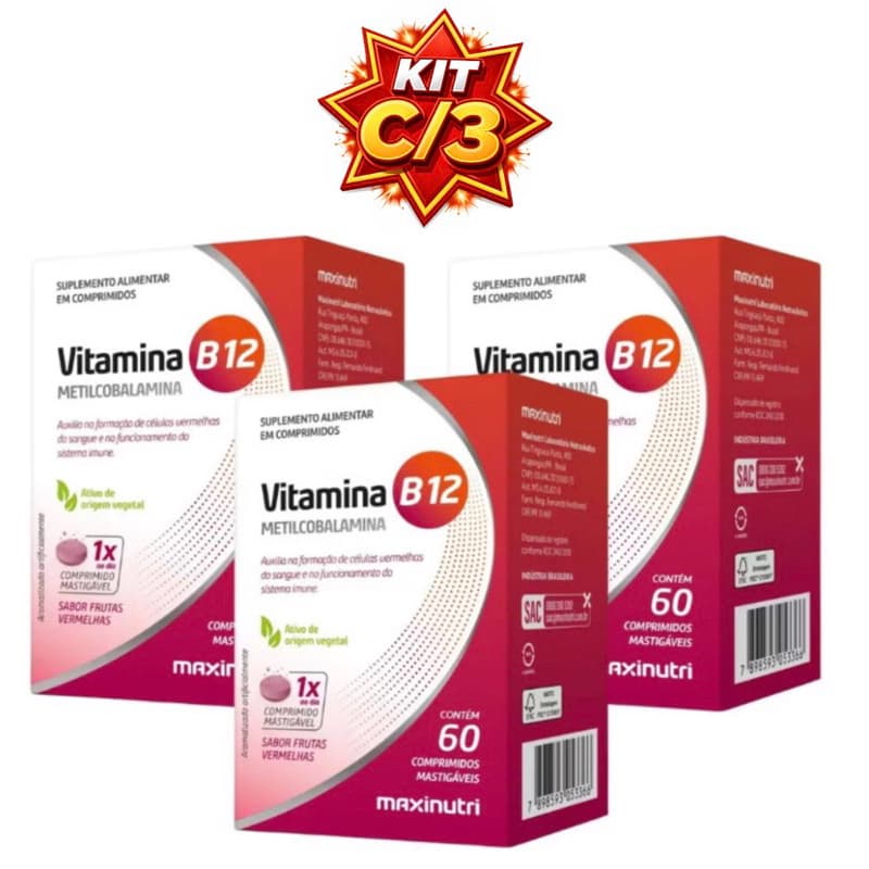Kit c/2, 3 ou 1 Vitamina B12 (Metilcobalamina) c/60 Cps Mastigáveis (Frutas Vermelhas) - Suplemento Vitaminico B12