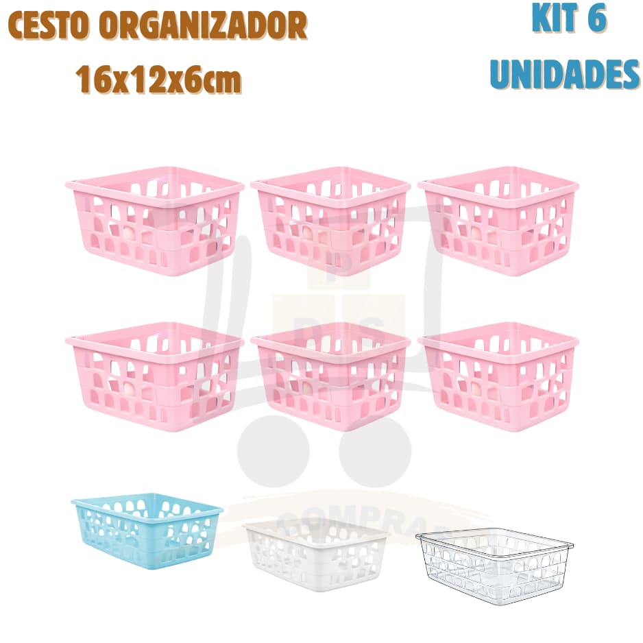 Kit 6 Cesto Organizador Multiuso Pequeno 16x12x6cm Armario Gaveta Geladeira Banheiro Cozinha Lavandeira