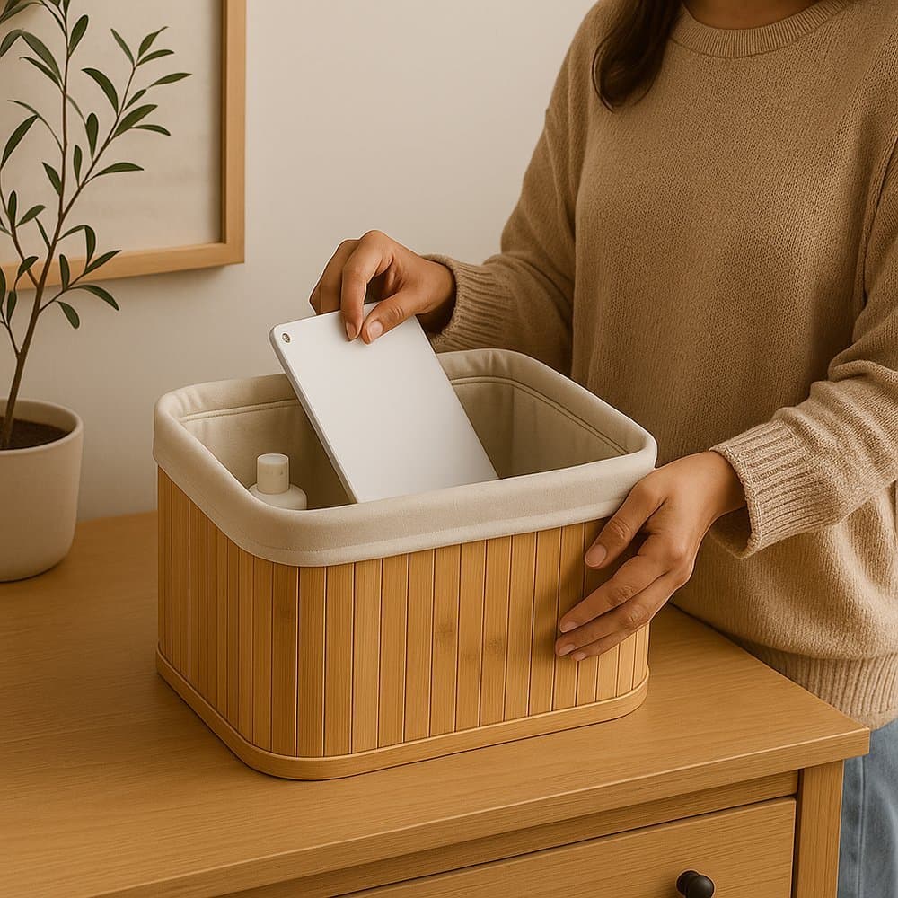 Kit 3 Cestos Organizadores Bambu com Forro Caixa Organizadora Multiuso Banheiro Cozinha Lavanderia