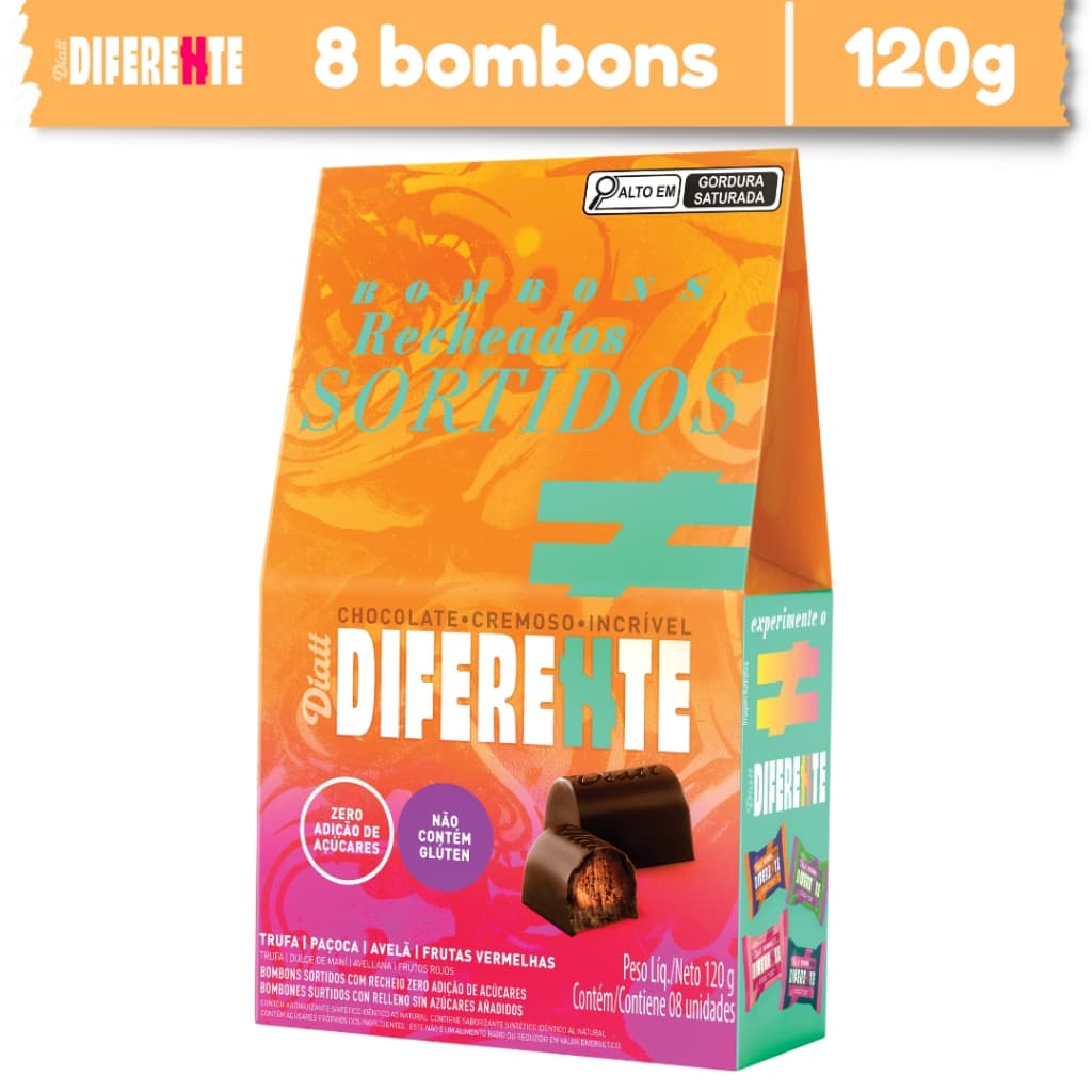 Caixa Bombom Chocolate Zero Açúcar Diferente Diatt com 8un de 15g Sortidos Sem Glúten Saudável