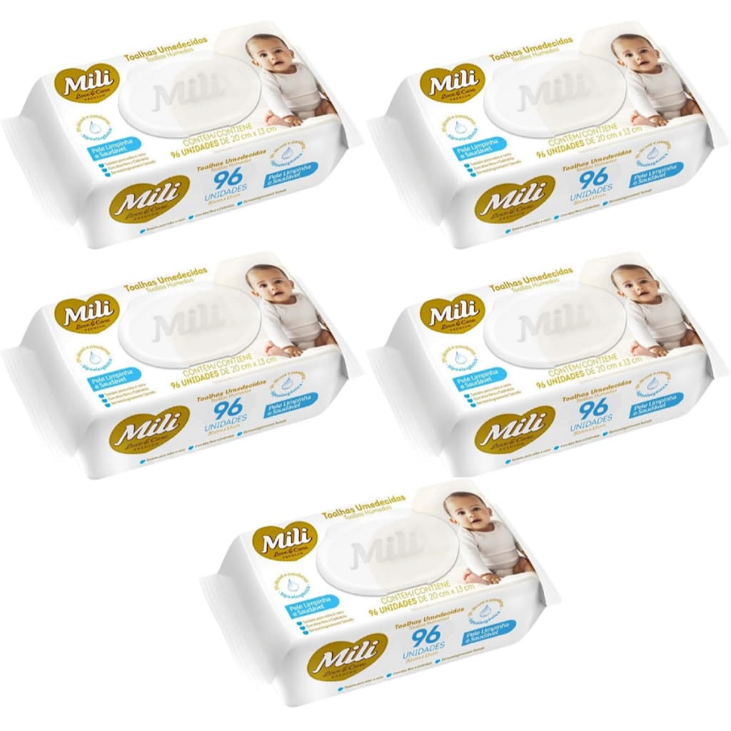 Kit 05 Toalhas Umedecidas Mili Love Care Com 96 UN - Mili