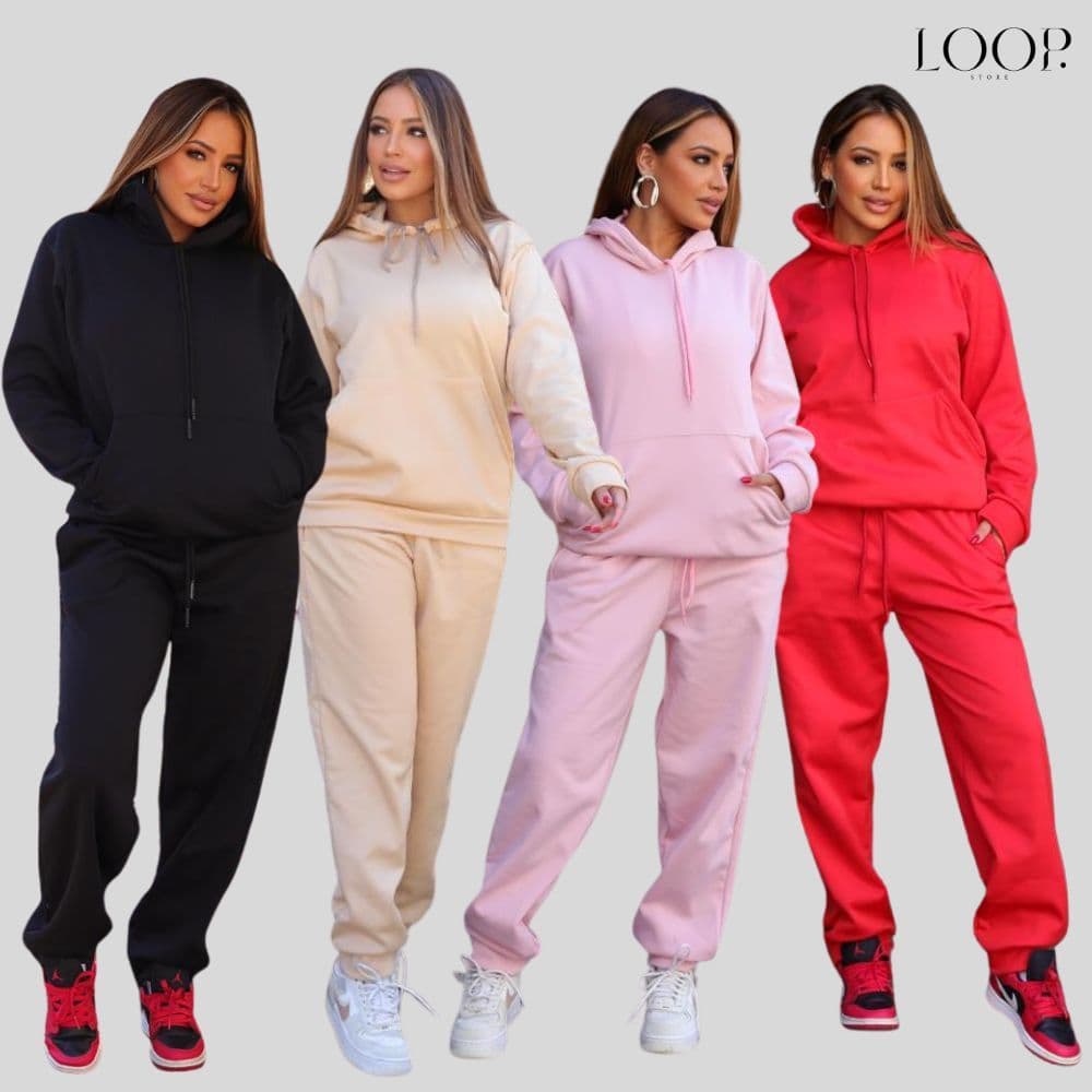 Conjunto Moletom Feminino Abrigo Blusa e Calça de Frio Flanelado Canguru Capuz Inverno