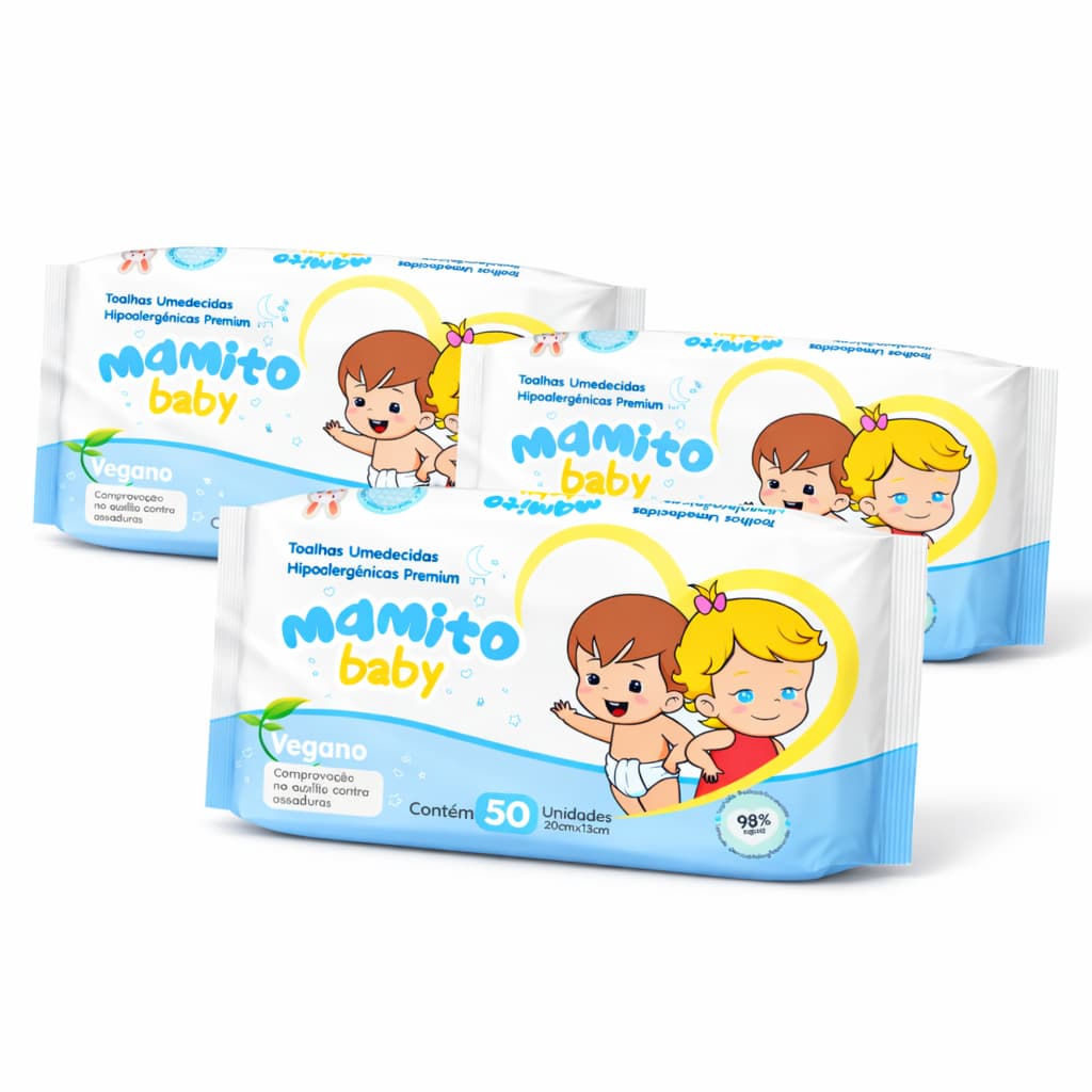 Kit 3 Lenços Umedecidos Mamito Baby 50 Folhas Hipoalergênico Toalhas Umedecidas Bebê