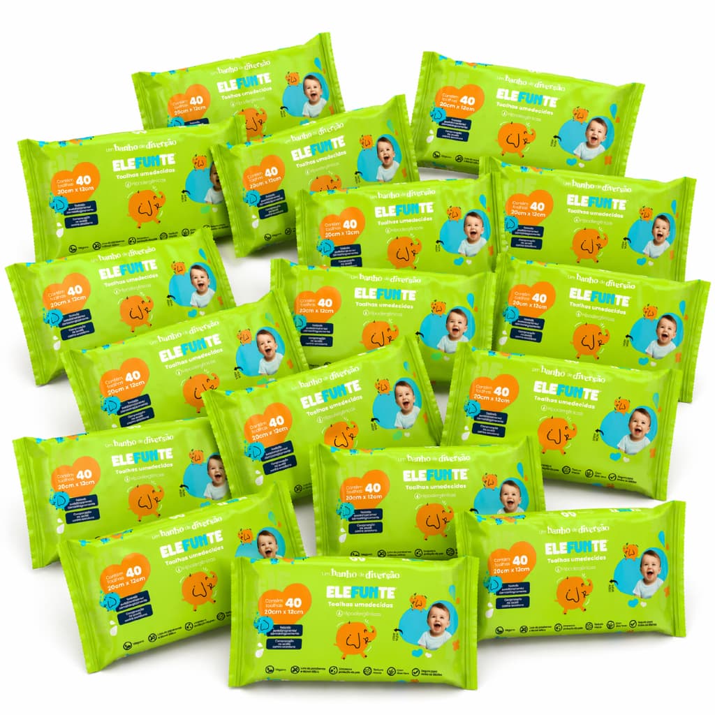 Lenço Umedecido Elefunte 40 Folhas Hipoalergênico Kit 15 und