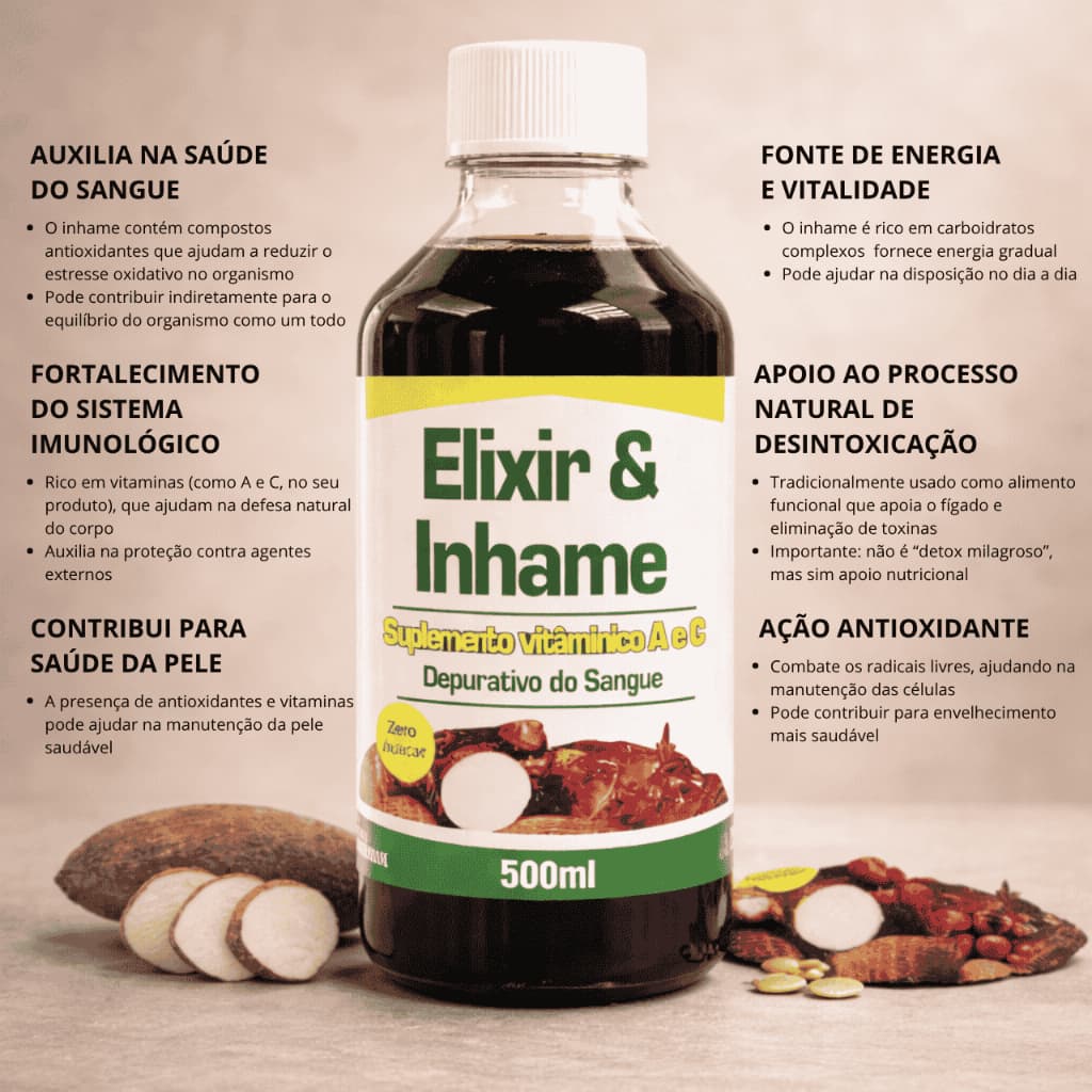 Elixir de Inhame 500ml | Detox do Sangue | Vitamina A + C | Pele, Imunidade & Limpeza Interna