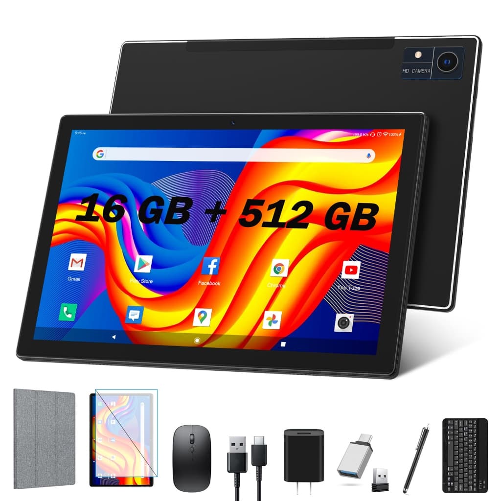 10.1“ Tablet Android 15 com 16 GB de RAM e 512 GB de ROM, com mouse e teclado, tela IPS FHD e Wi-Fi