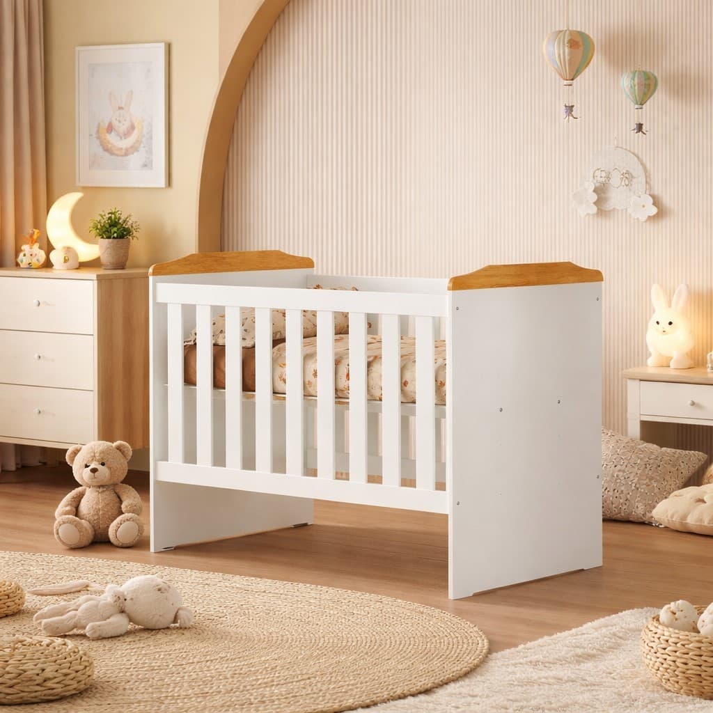 Berço Mini Cama Infantil Branco com Amadeirado MDF 3 em 1 Berço Bebê Moderno Seguro