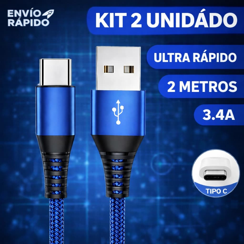 Kit 2 Cabo Tipo C Carregador Usb Ultra Rápido Reforçado 2 Metros
