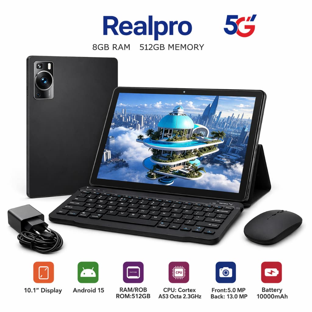 Tablet Real 15 PRO Android 10000mah Wifi com chip 10.1 Teclado+Mouse 8GB RAM 512GB Câmera Bluetooth