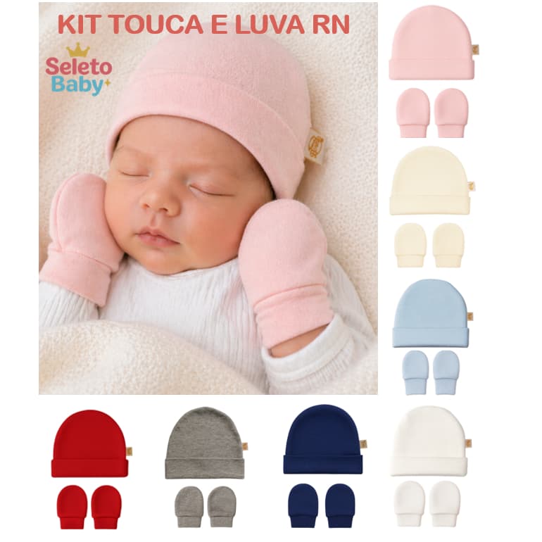 Kit Touca e Luva Bebê RN 2 ou 3 Peças 100% Algodão Premium Antialérgico – Maternidade Enxoval