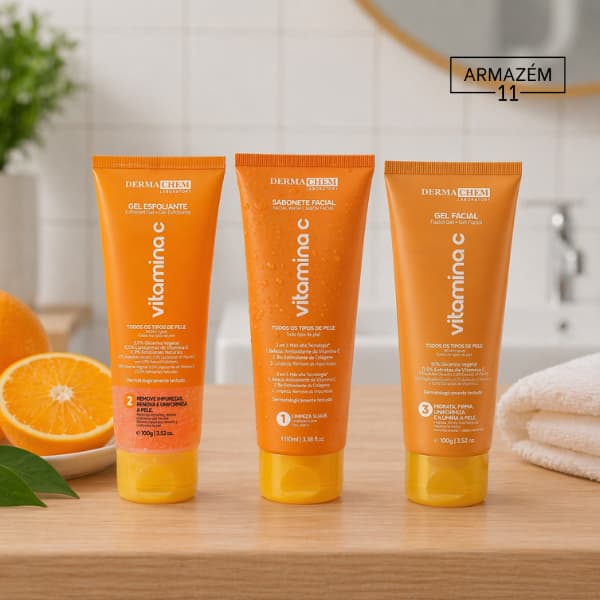 Kit Skincare Vitamina C Dermachem - Sabonete, Gel, Esfoliante - Clareador, Uniformiza a Pele, Anti-idade