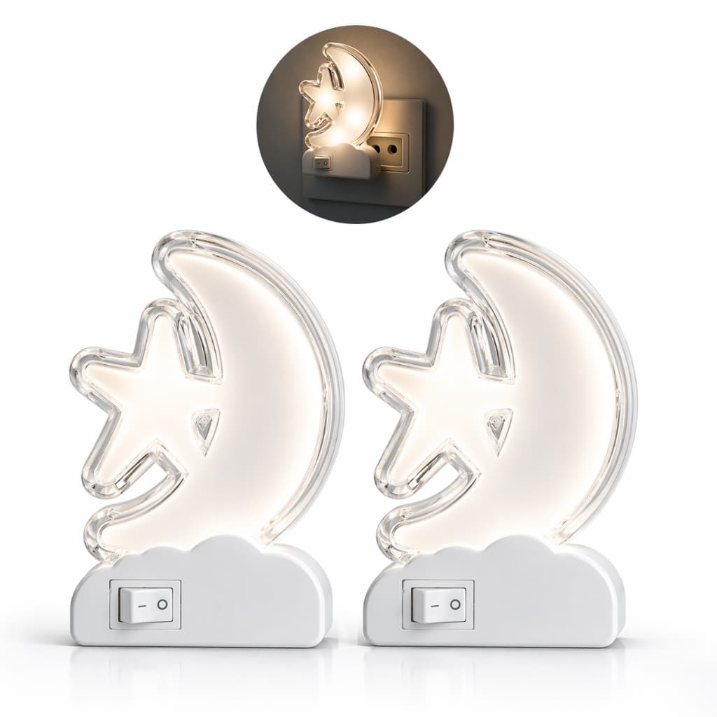 Kit 2 Luminária Mini Abajur Led Criança Bebê Luz Branca Tomada Decorativa Lua Quarto Sala Bivolt