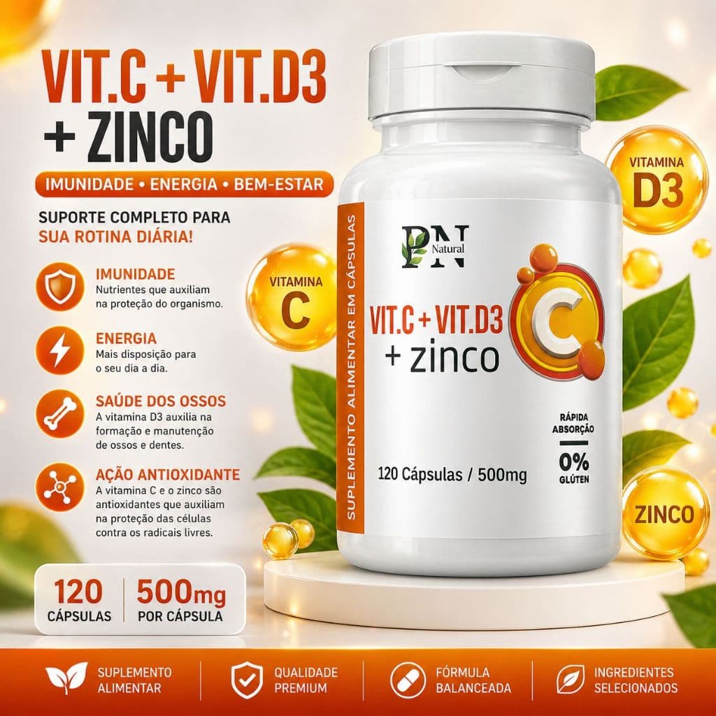 Vitamina C + Vitamina D3 + Zinco 120 Cápsulas 500mg Suplemento Alimentar, Uso Diário - Alta Absorção