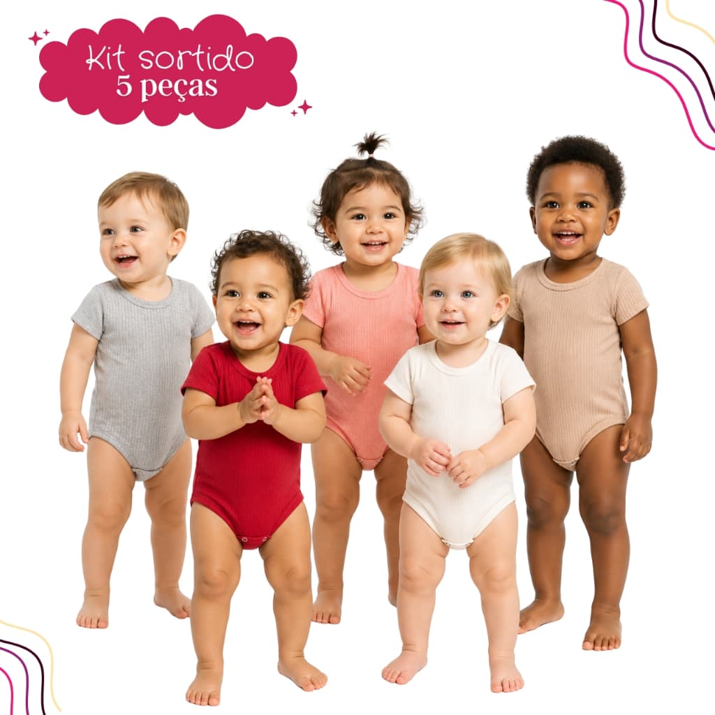 Kit 5 Peças Body Bebê Manga Curta Ribana Canelada Liso Unissex Cores Sortidas Enxoval Verão