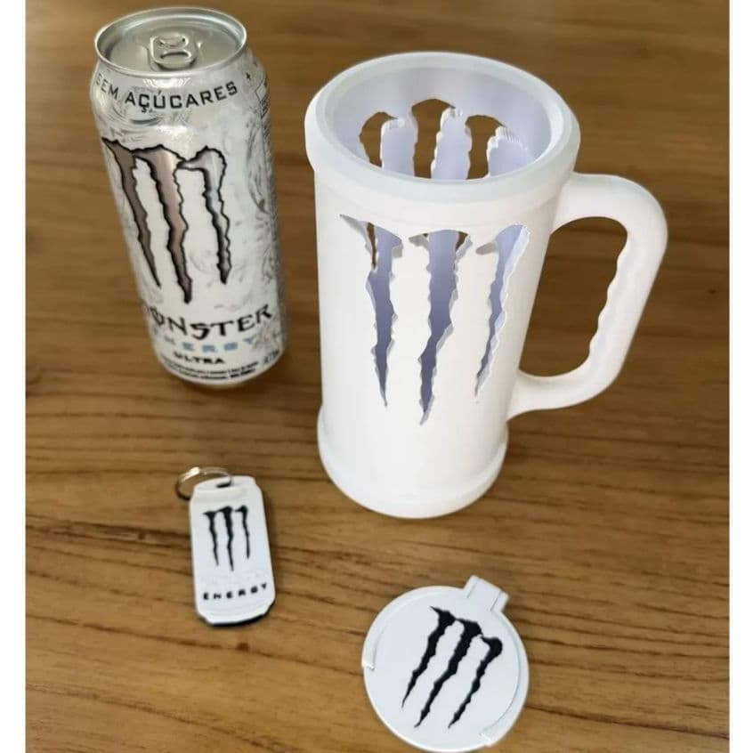 Kit Suporte para Lata Monster Energy Caneca Porta Energético Estilo Gamer Geek Presente Criativo Kit Chaveiro e Tampa