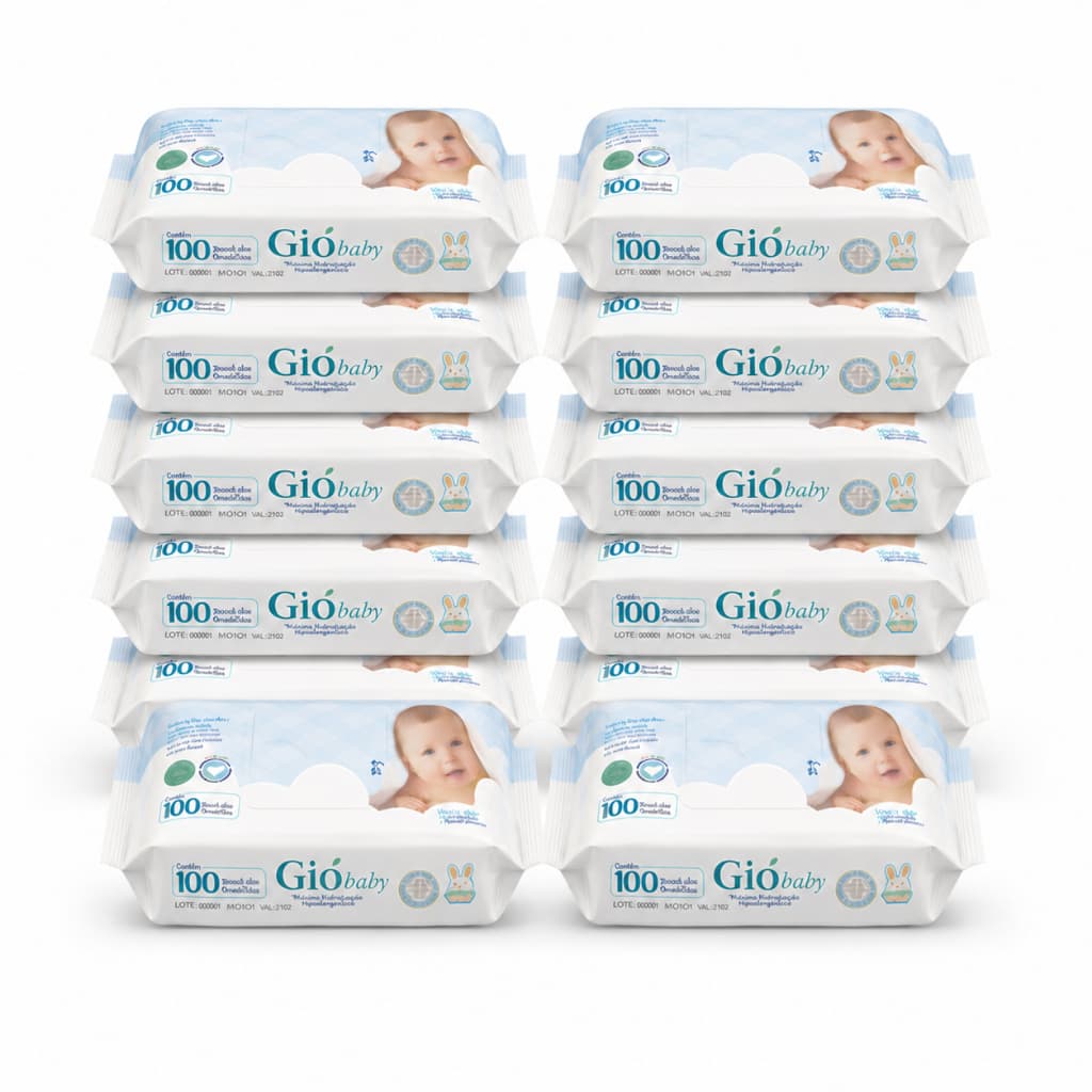 Kit 12 Toalhas Umedecidas GIO BABY 100 Folhas 98% Água Lenço Umedecido