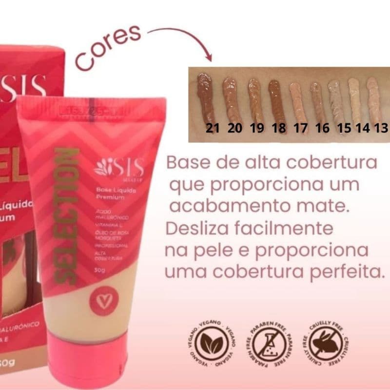 base selection líquida facial Premium  vegan ácido hialurônico vitamina E óleo de rosa mosqueta alta cobertura