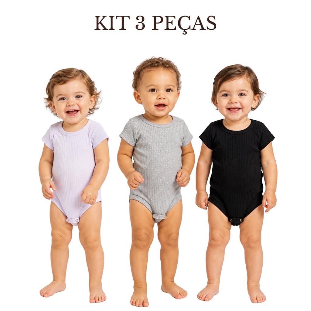 Kit 3 Peças Body Bebê Menina e Menino Manga Curta Ribana Canelada Liso Básico Enxoval Unissex