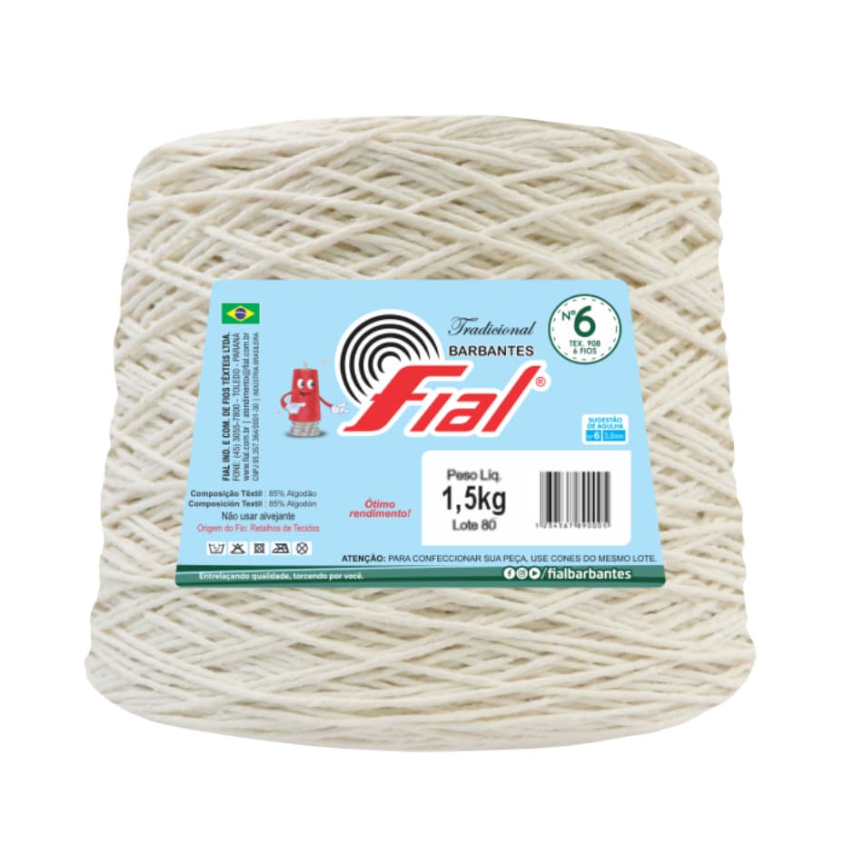 Barbante Fial Nº6 1,5kg - Cru Para Crochê Tapetes e Bolsas