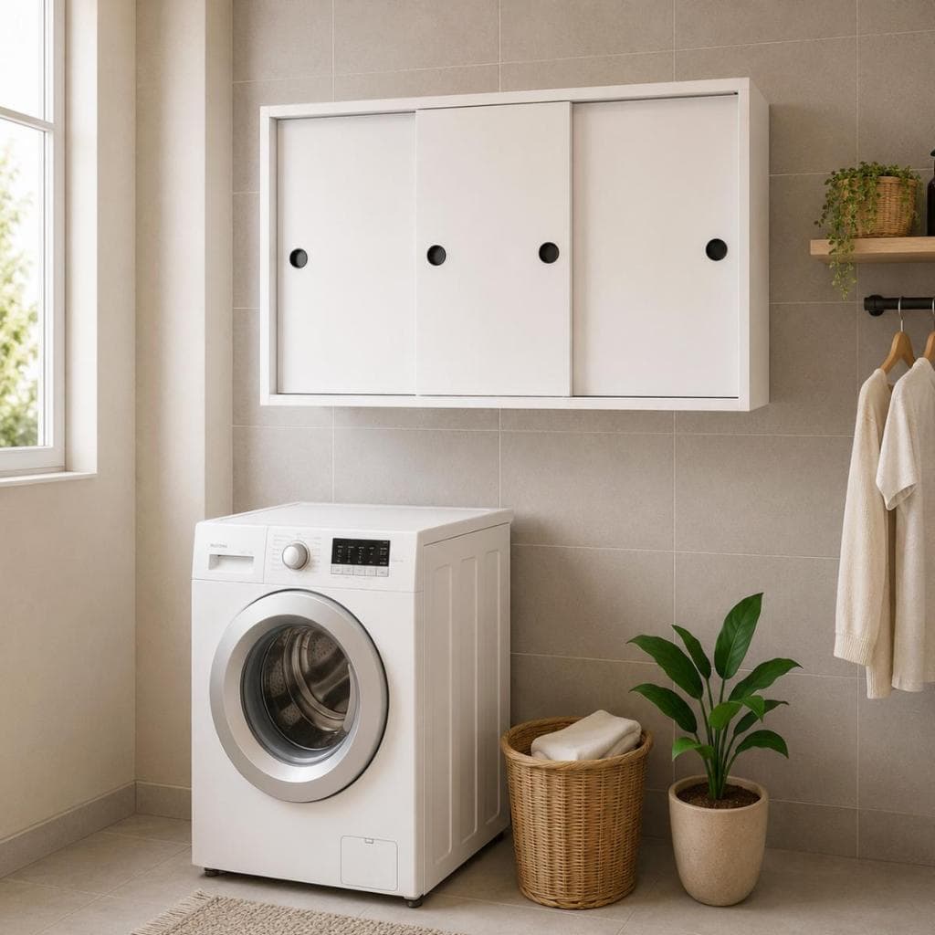 Armário Suspenso para Lavanderia 90cm 3 Portas de Correr Organizador Multiuso Organizador Aéreo para Produtos Limpeza